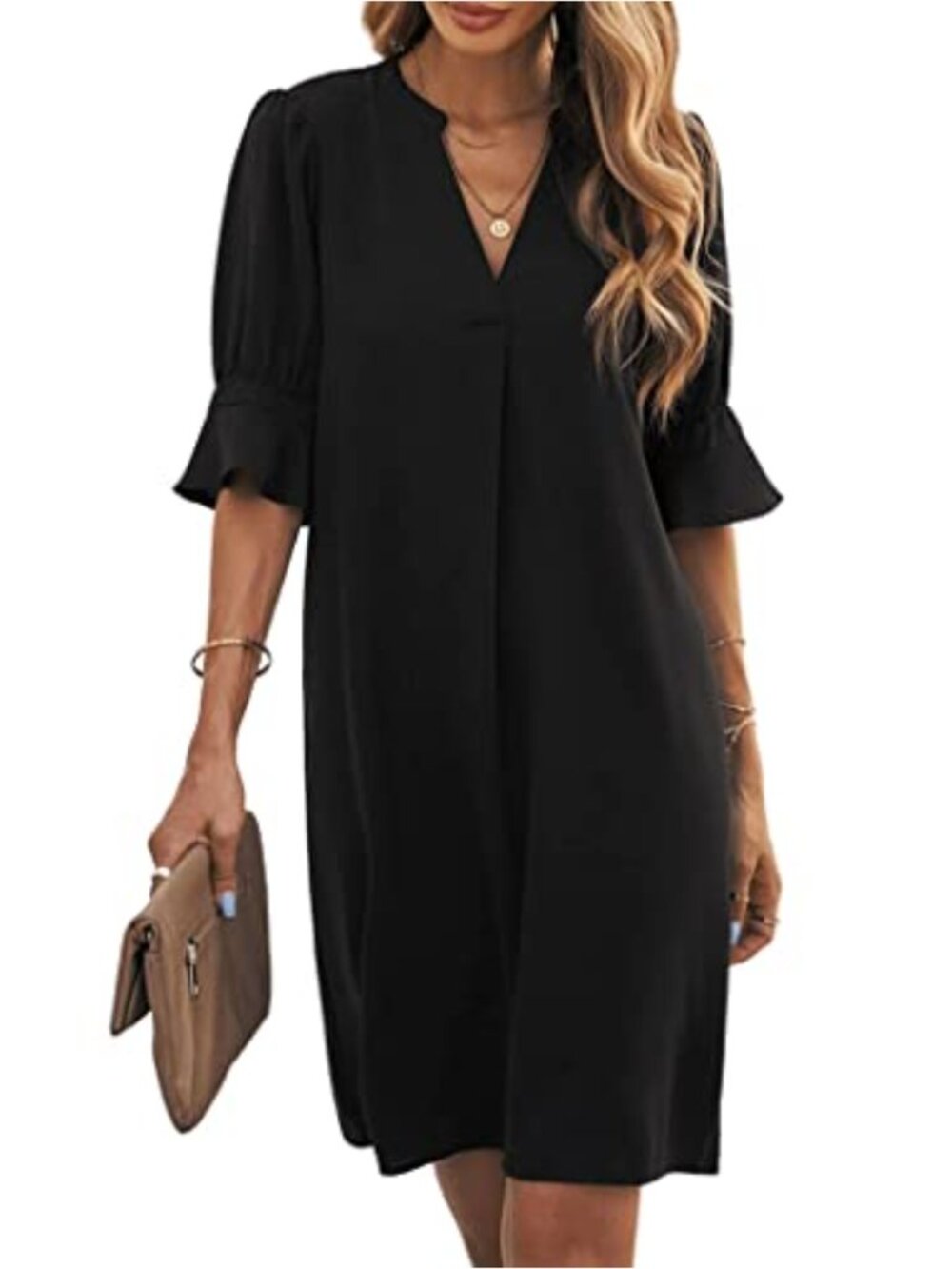 Womens V Neck Puff Sleeve Loose Fit Casual Summer Beach Flowy Swing Dress 100%